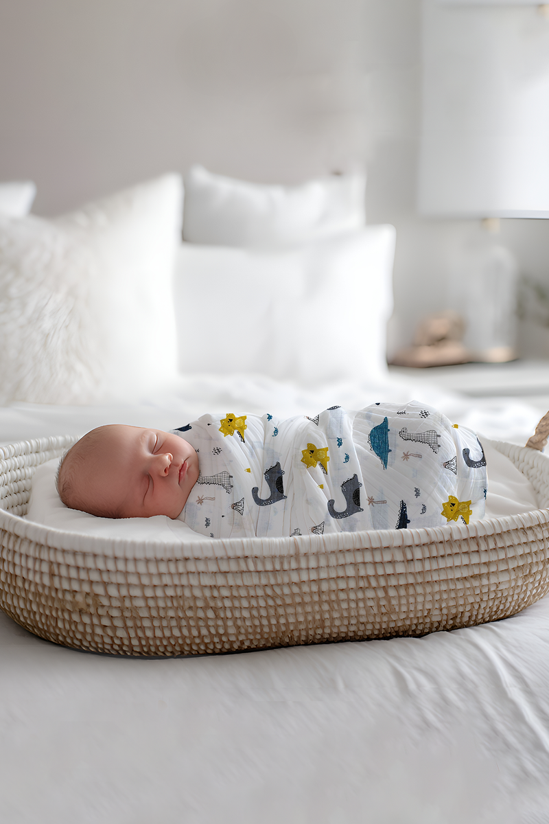 Muslin Swaddle for Infants 100 X 120 Cms - Blue Dino