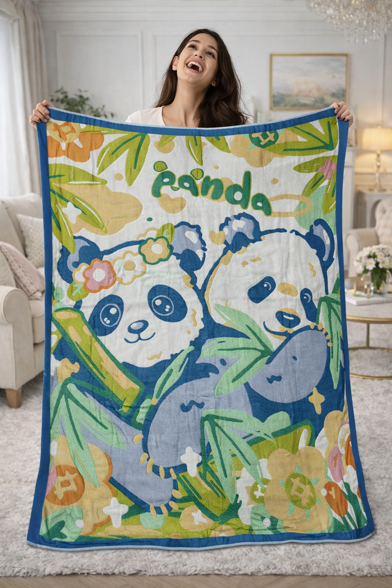 Lightweight Soft Plush Velvet Fleece 2 way Printed Blanket for 1 -7 Year Olds - 2 Pandas