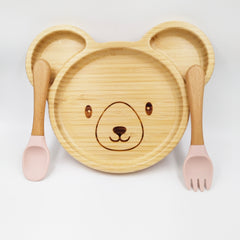 Teddy Pink- Kradyl Kroft Bamboo Silicone Bowl & Spoon Set for Babies and Toddlers