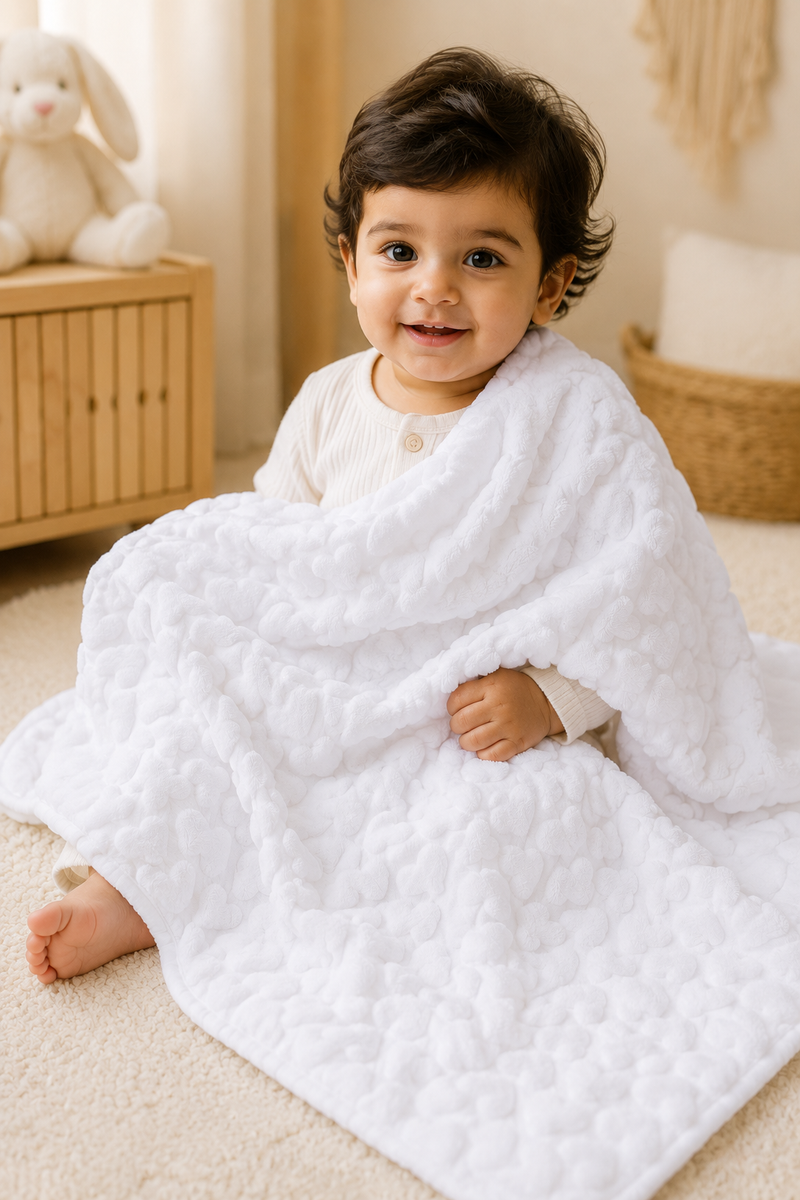 Ultra-Soft Plush Velvet Fleece Blanket with Embossed Heart Texture – Snow Hearts