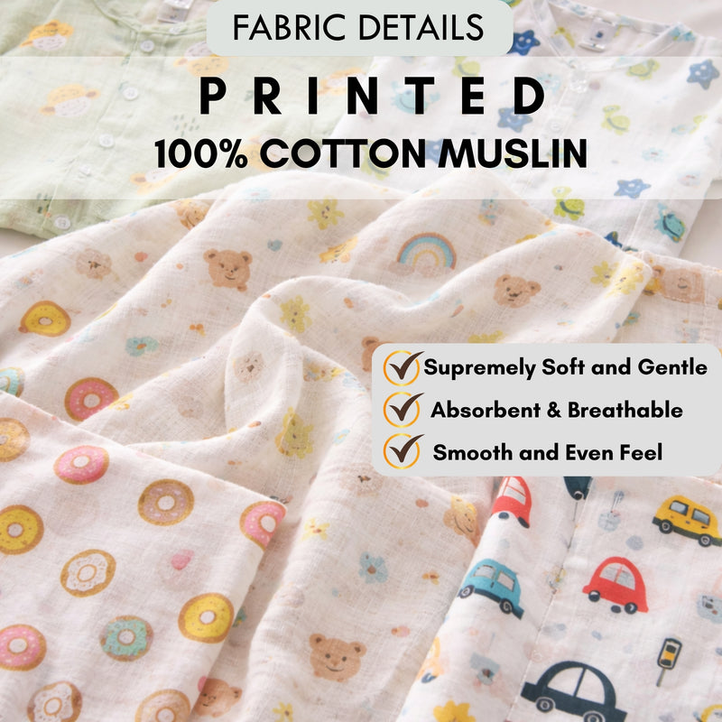 Set of 2 100% Cotton Muslin Jhablas | Short Sleeves Baby Jhablas - Cars Plus