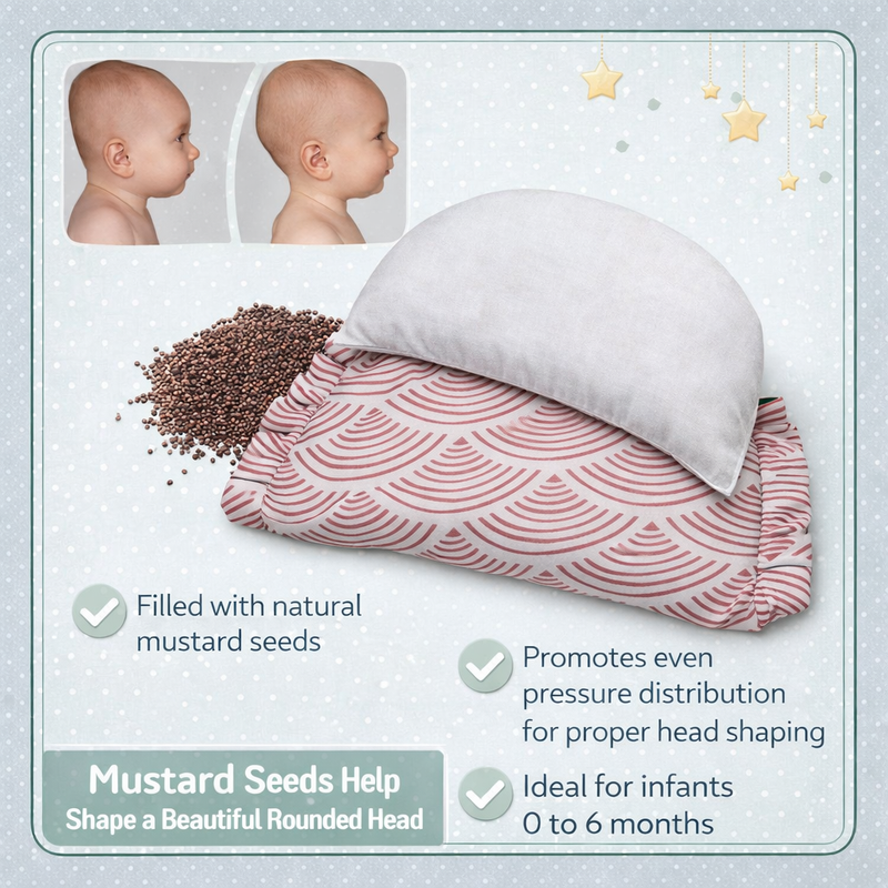 Kradyl Kroft Rai Mustard Seeds Head Shaping Pillow with 100% Cotton Removable Cover | New Born Pillow for Flat Head Prevention - Pink Shells