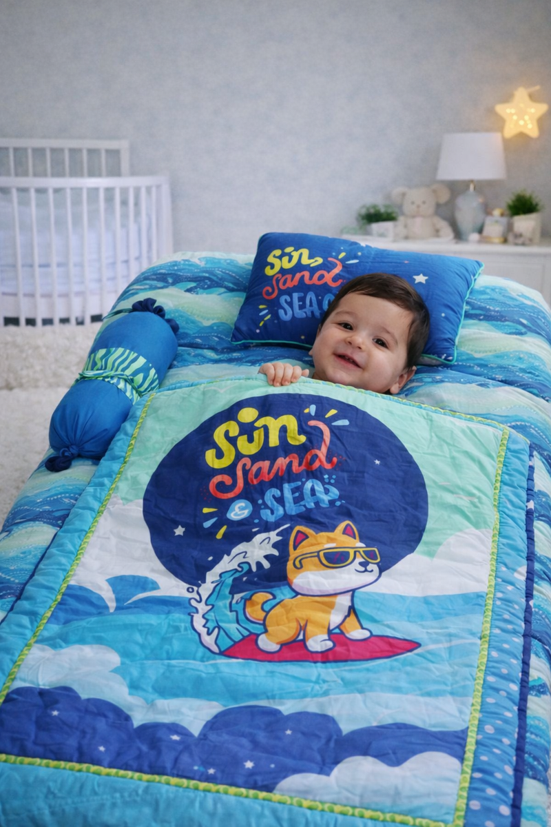 Kradyl Kroft 6 Pc Bedding Set for Infants | Baby Bedding Set | Baby Mattress with Quilt | Side Pillows | Head Pillow (Sun&sand)
