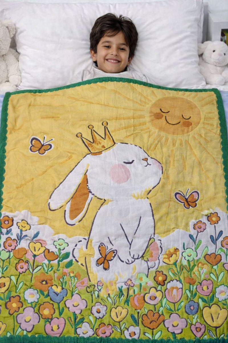Lightweight Soft Plush Velvet Fleece 2 way Printed Blanket for 1 -7 Year Olds - Garden Rabbit