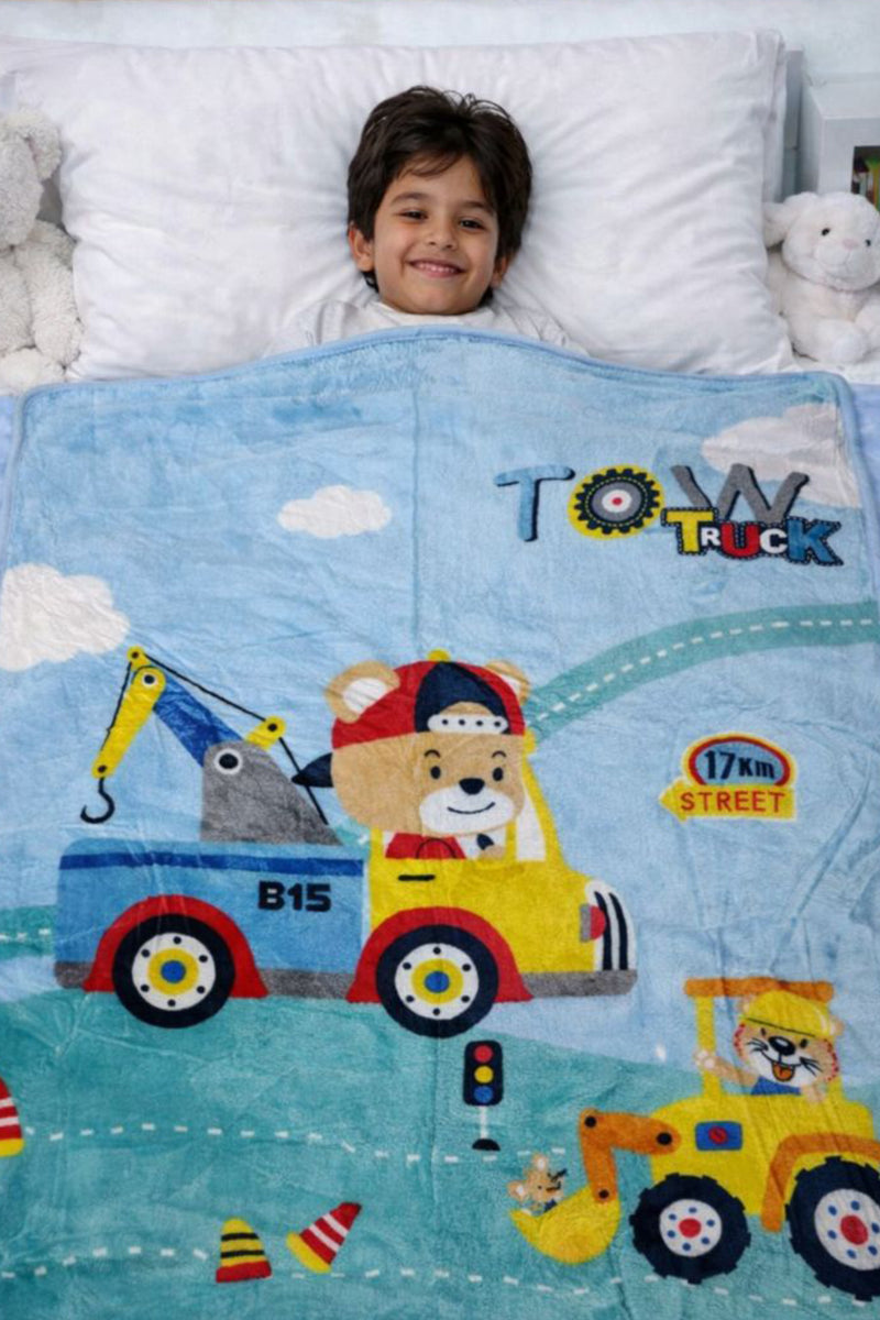 Lightweight Soft Plush Velvet Fleece 2 way Printed Blanket for 1 -7 Year Olds - Tow Truck