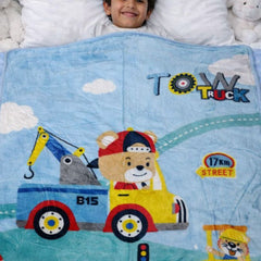 Lightweight Soft Plush Velvet Fleece 2 way Printed Blanket for 1 -7 Year Olds - Tow Truck