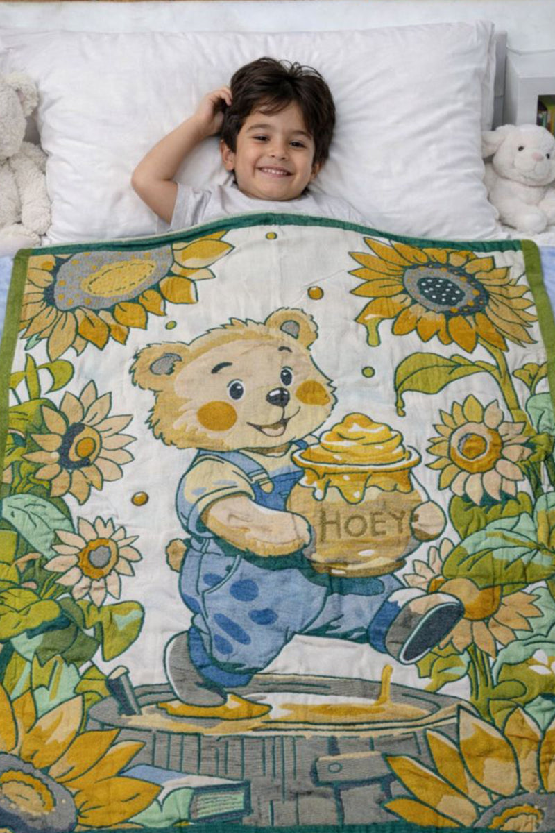 Lightweight Soft Plush Velvet Fleece 2 way Printed Blanket for 1 -7 Year Olds - HoneyBear