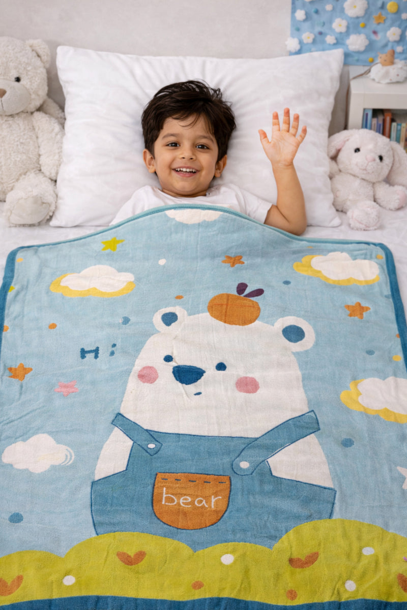 Lightweight Soft Plush Velvet Fleece 2 way Printed Blanket for 1 -7 Year Olds - Bear