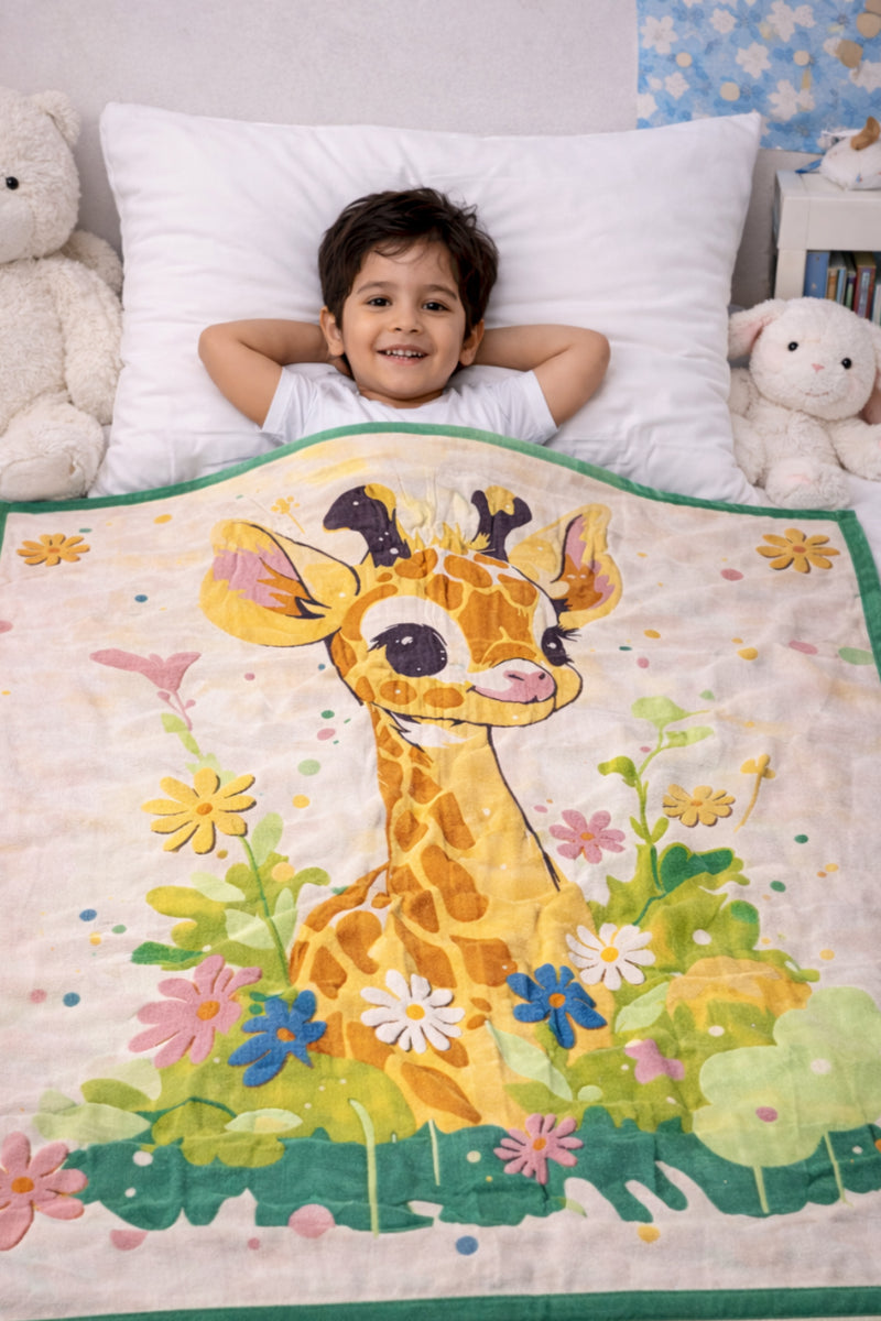 Lightweight Soft Plush Velvet Fleece 2 way Printed Blanket for 1 -7 Year Olds - Giraffe Baby