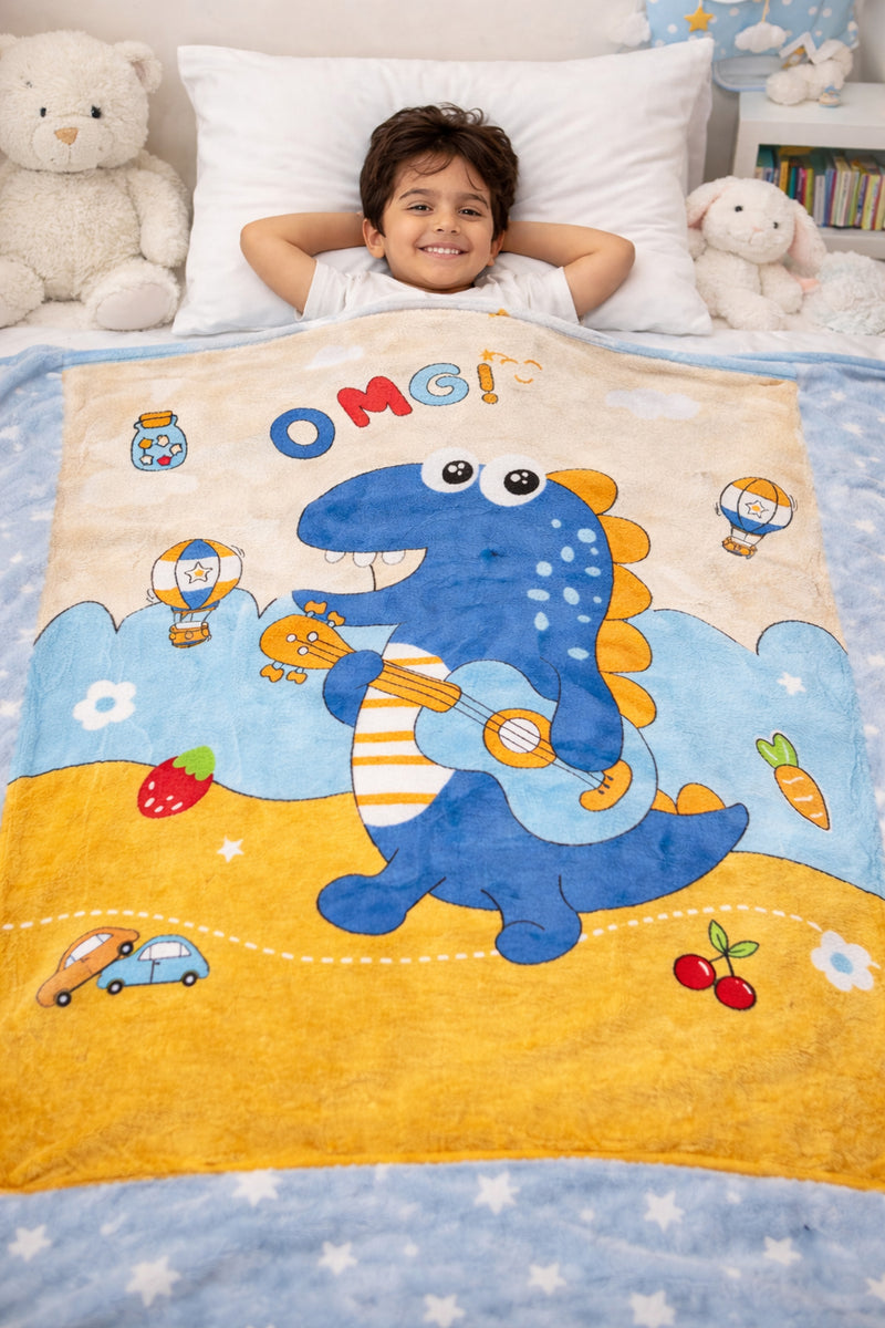 Lightweight Soft Plush Velvet Fleece 2 way Printed Blanket for 1 -7 Year Olds - OMG Dino