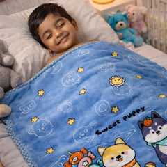 Kradyl Kroft Plush Double Layered Velvet with Two Side Printed Kids Blanket - Sweet Puppy Blue
