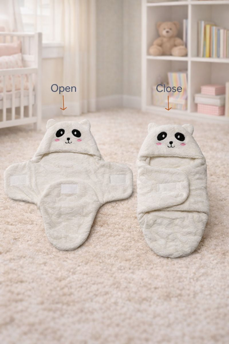 Soft Velvet Fleece Newborn Baby Embroidered Hooded Swaddle Blanket for 0-6 Months - White Panda