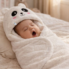 Soft Velvet Fleece Newborn Baby Embroidered Hooded Swaddle Blanket for 0-6 Months - White Panda