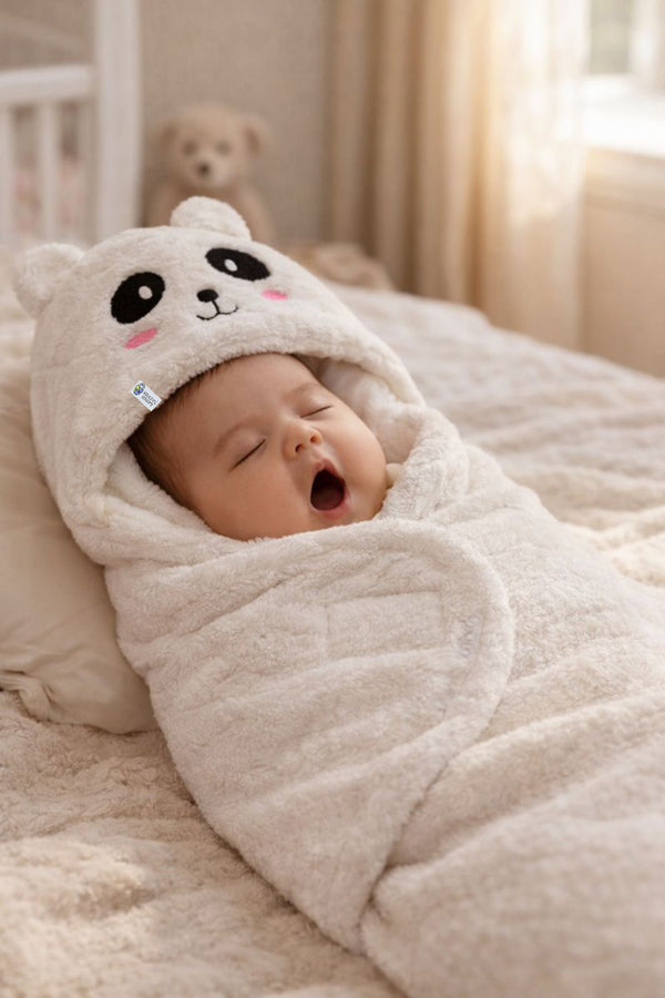 Soft Velvet Fleece Newborn Baby Embroidered Hooded Swaddle Blanket for 0-6 Months - White Panda