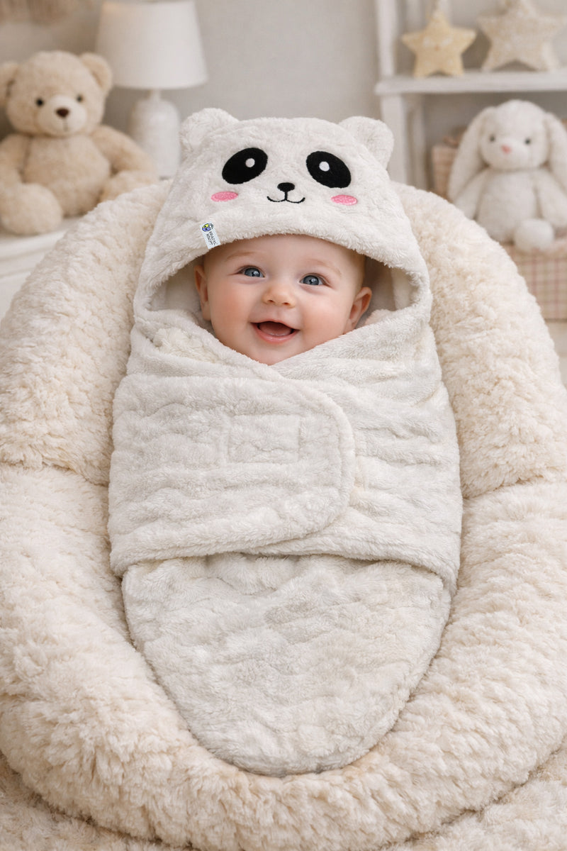 Soft Velvet Fleece Newborn Baby Embroidered Hooded Swaddle Blanket for 0-6 Months - White Panda