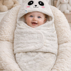 Soft Velvet Fleece Newborn Baby Embroidered Hooded Swaddle Blanket for 0-6 Months - White Panda