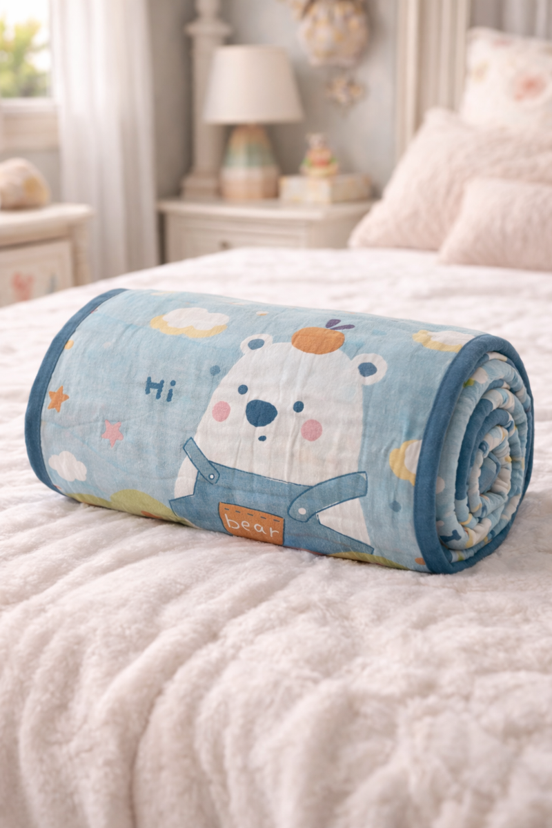 Lightweight Soft Plush Velvet Fleece 2 way Printed Blanket for 1 -7 Year Olds - Bear
