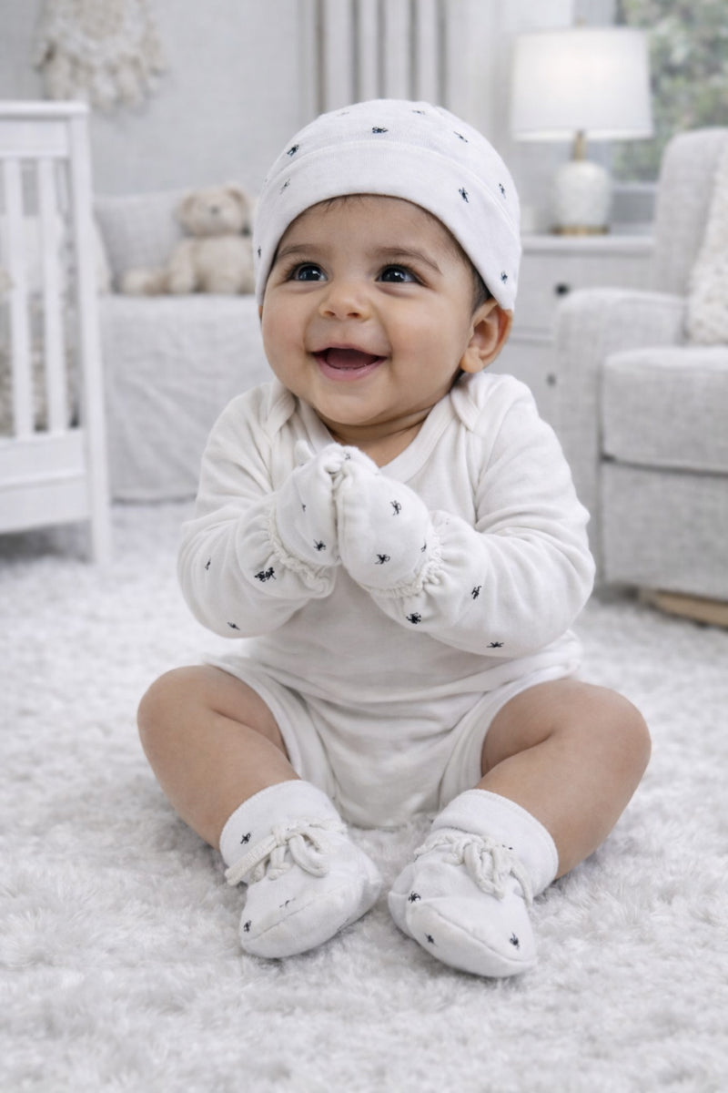 Kradyl Kroft Set of 2 Caps, Mittens and Booties in 100% Cotton Printed Fabric 0 to 12 Months -BlueHue