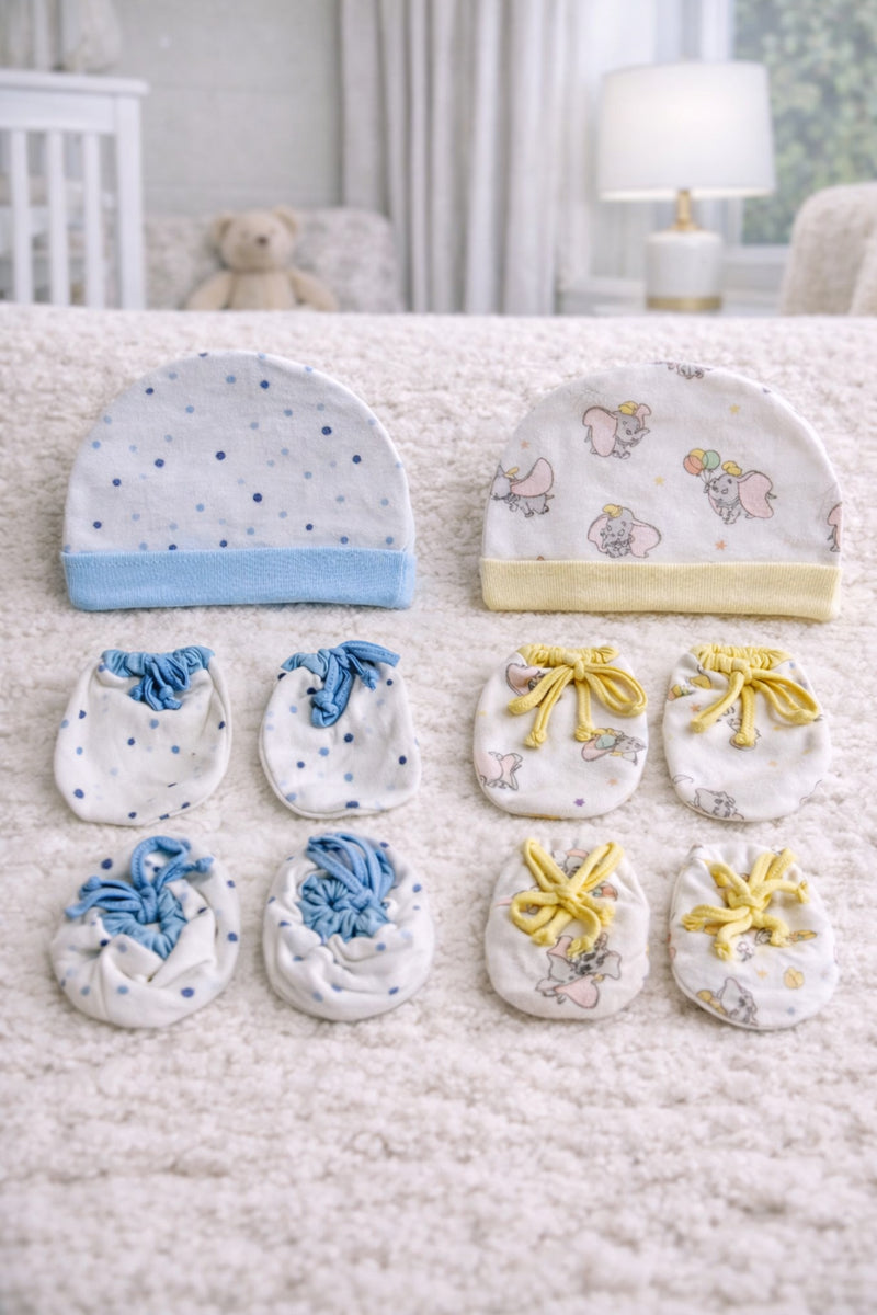 Kradyl Kroft Set of 2 Caps, Mittens and Booties in 100% Cotton Printed Fabric 0 to 12 Months -YellowBlue