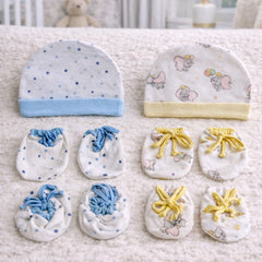 Kradyl Kroft Set of 2 Caps, Mittens and Booties in 100% Cotton Printed Fabric 0 to 12 Months -YellowBlue