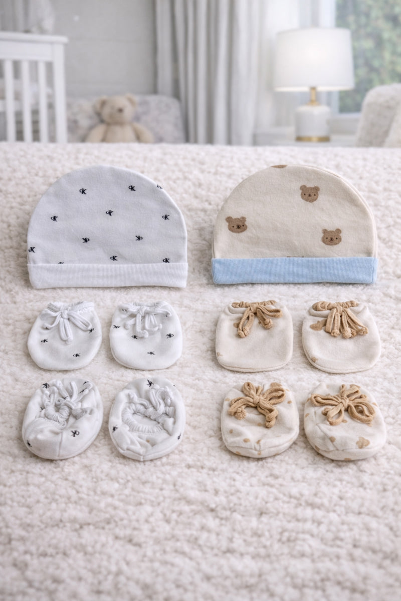 Kradyl Kroft Set of 2 Caps, Mittens and Booties in 100% Cotton Printed Fabric 0 to 12 Months -BlueHue