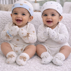 Kradyl Kroft Set of 2 Caps, Mittens and Booties in 100% Cotton Printed Fabric 0 to 12 Months -BlueHue