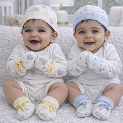 Kradyl Kroft Set of 2 Caps, Mittens and Booties in 100% Cotton Printed Fabric 0 to 12 Months -YellowBlue