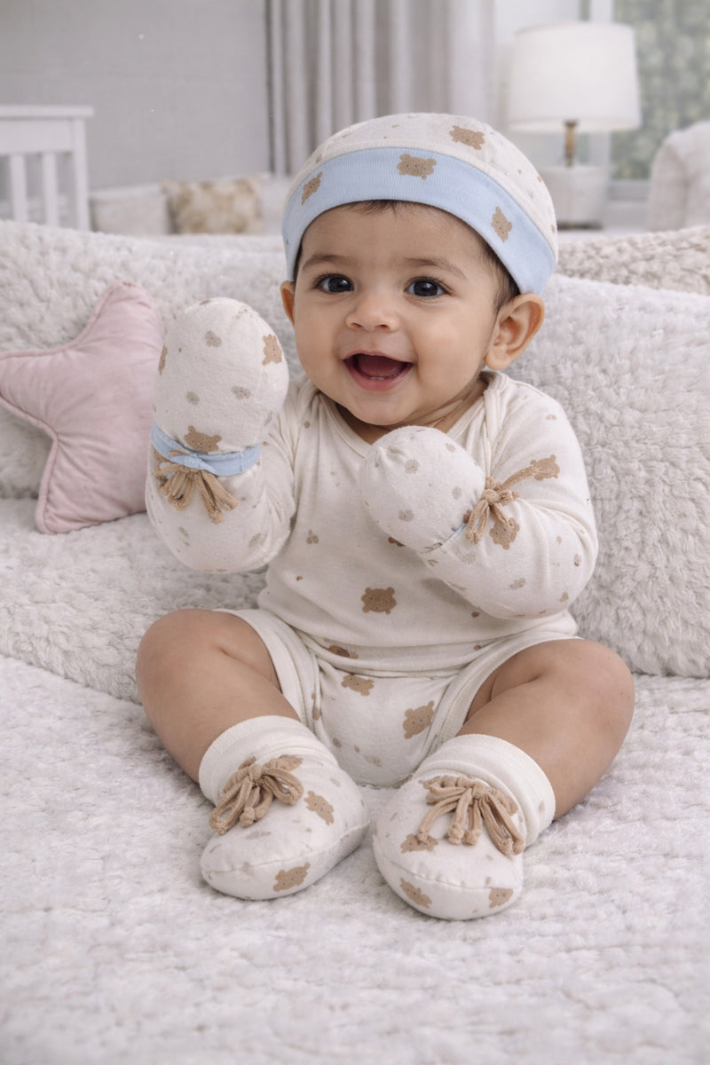 Kradyl Kroft Set of 2 Caps, Mittens and Booties in 100% Cotton Printed Fabric 0 to 12 Months -BlueHue