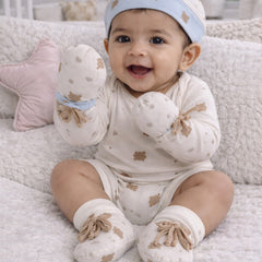 Kradyl Kroft Set of 2 Caps, Mittens and Booties in 100% Cotton Printed Fabric 0 to 12 Months -BlueHue