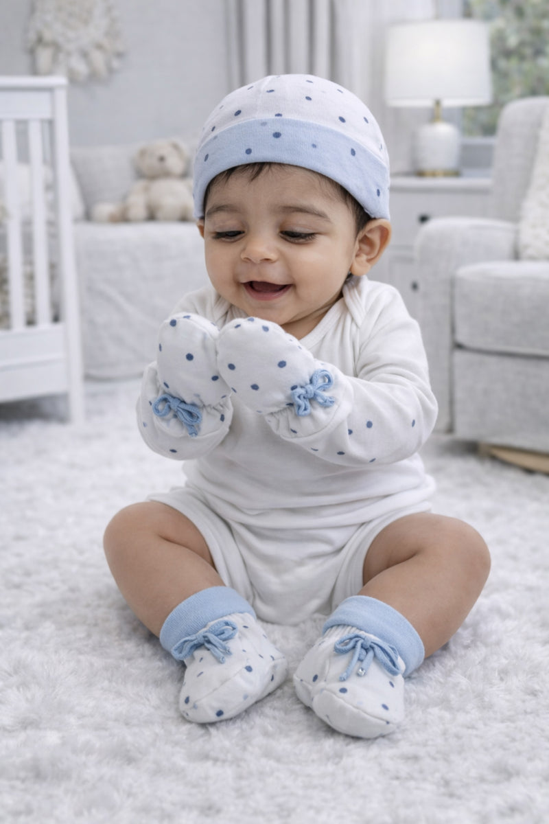 Kradyl Kroft Set of 2 Caps, Mittens and Booties in 100% Cotton Printed Fabric 0 to 12 Months -YellowBlue