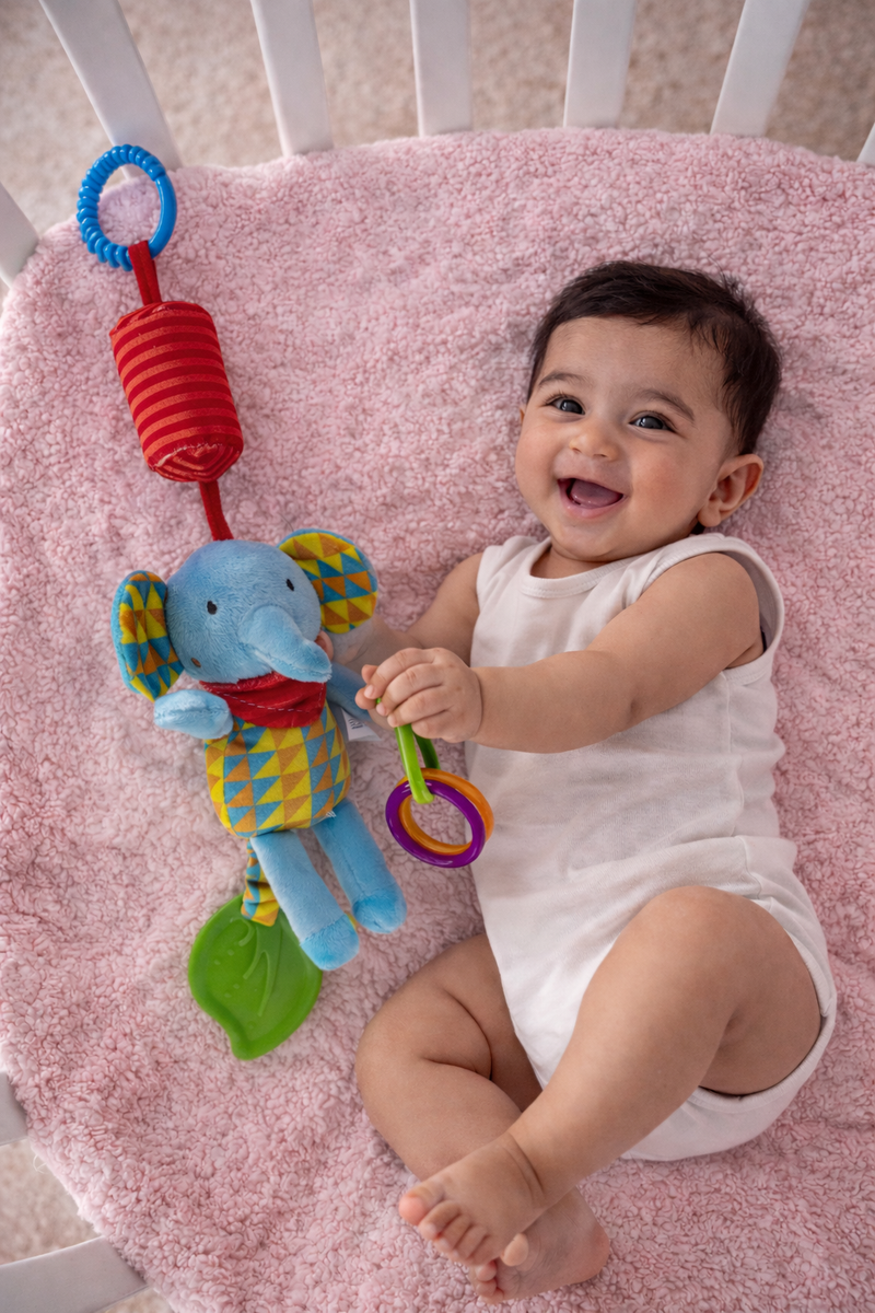 Soft Hanging Crinkle Rattle Sensory Toy for Babies with Teether (0–12 Months) - Elli