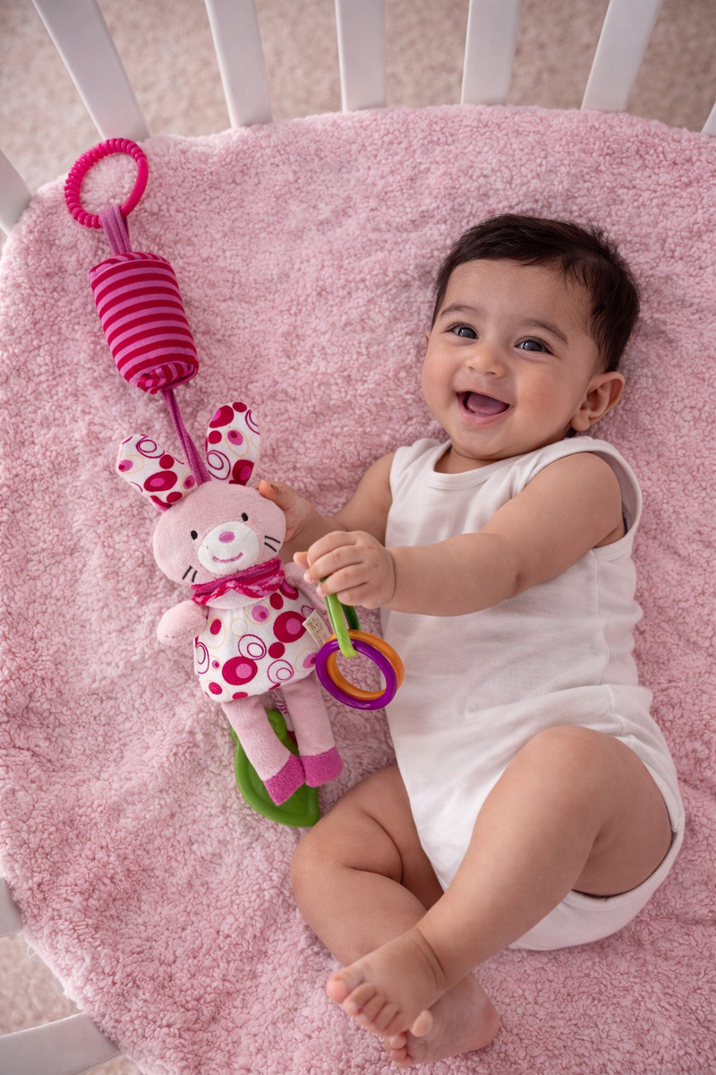 Soft Hanging Crinkle Rattle Sensory Toy for Babies with Teether (0–12 Months) - Pinky