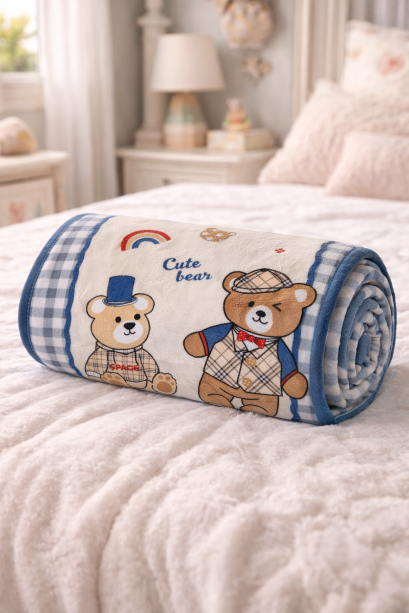 Lightweight Soft Plush Velvet Fleece 2 way Printed Blanket for 1 -7 Year Olds - Cute Bear