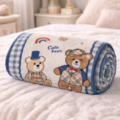 Lightweight Soft Plush Velvet Fleece 2 way Printed Blanket for 1 -7 Year Olds - Cute Bear