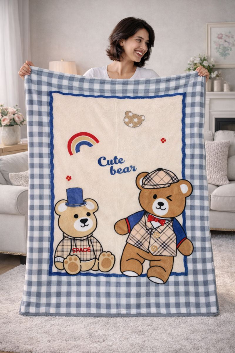Lightweight Soft Plush Velvet Fleece 2 way Printed Blanket for 1 -7 Year Olds - Cute Bear