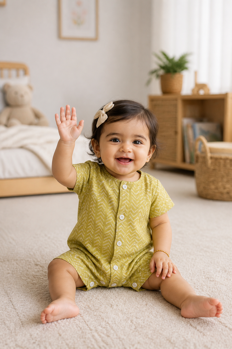 Earth Green | Short Sleeves | Unisex Romper Bodysuit | 100% Cotton Muslin for 0 to 2 Yrs