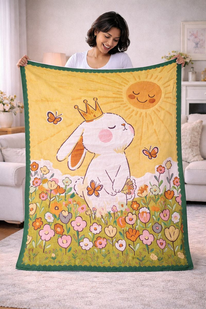 Lightweight Soft Plush Velvet Fleece 2 way Printed Blanket for 1 -7 Year Olds - Garden Rabbit