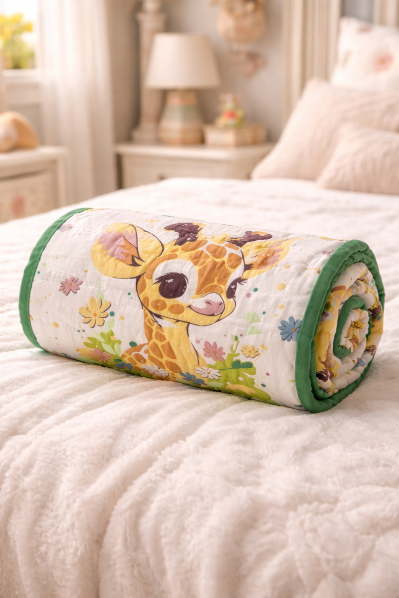 Lightweight Soft Plush Velvet Fleece 2 way Printed Blanket for 1 -7 Year Olds - Giraffe Baby