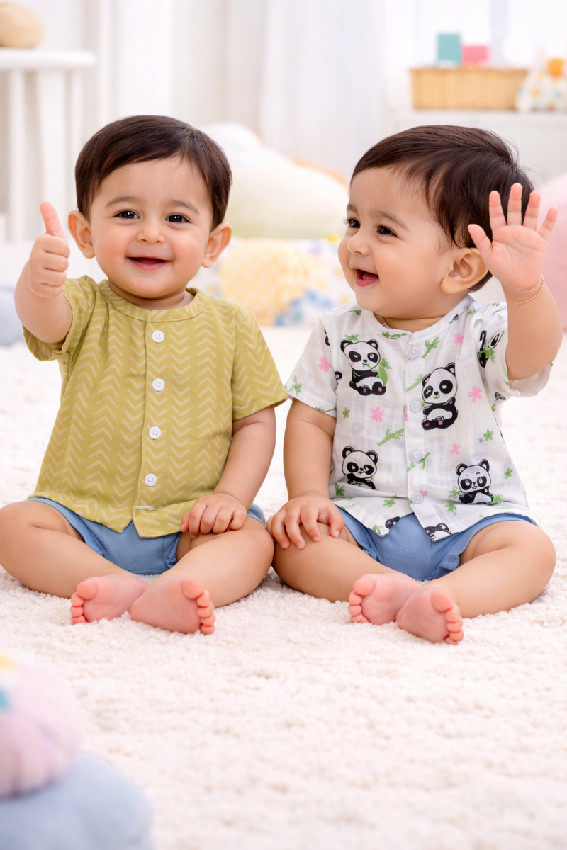 Set of 2 100% Cotton Muslin Jhablas | Short Sleeves Baby Jhablas - Panda Leaves Plus