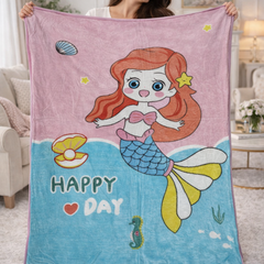 Lightweight Soft Plush Velvet Fleece 2 way Printed Blanket for 1 -7 Year Olds - Mermaid Happy Day
