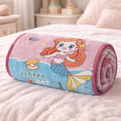 Lightweight Soft Plush Velvet Fleece 2 way Printed Blanket for 1 -7 Year Olds - Mermaid Happy Day