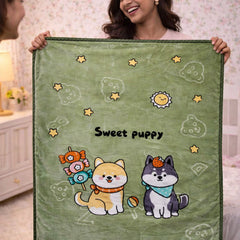 Kradyl Kroft Plush Double Layered Velvet with Two Side Printed Kids Blanket - Sweet Puppy Green