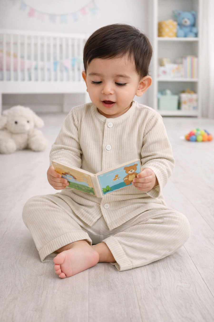 Soft Beige Stripes | 90 GSM Checkered Muslin Fabric Set for New Born to 6 Years