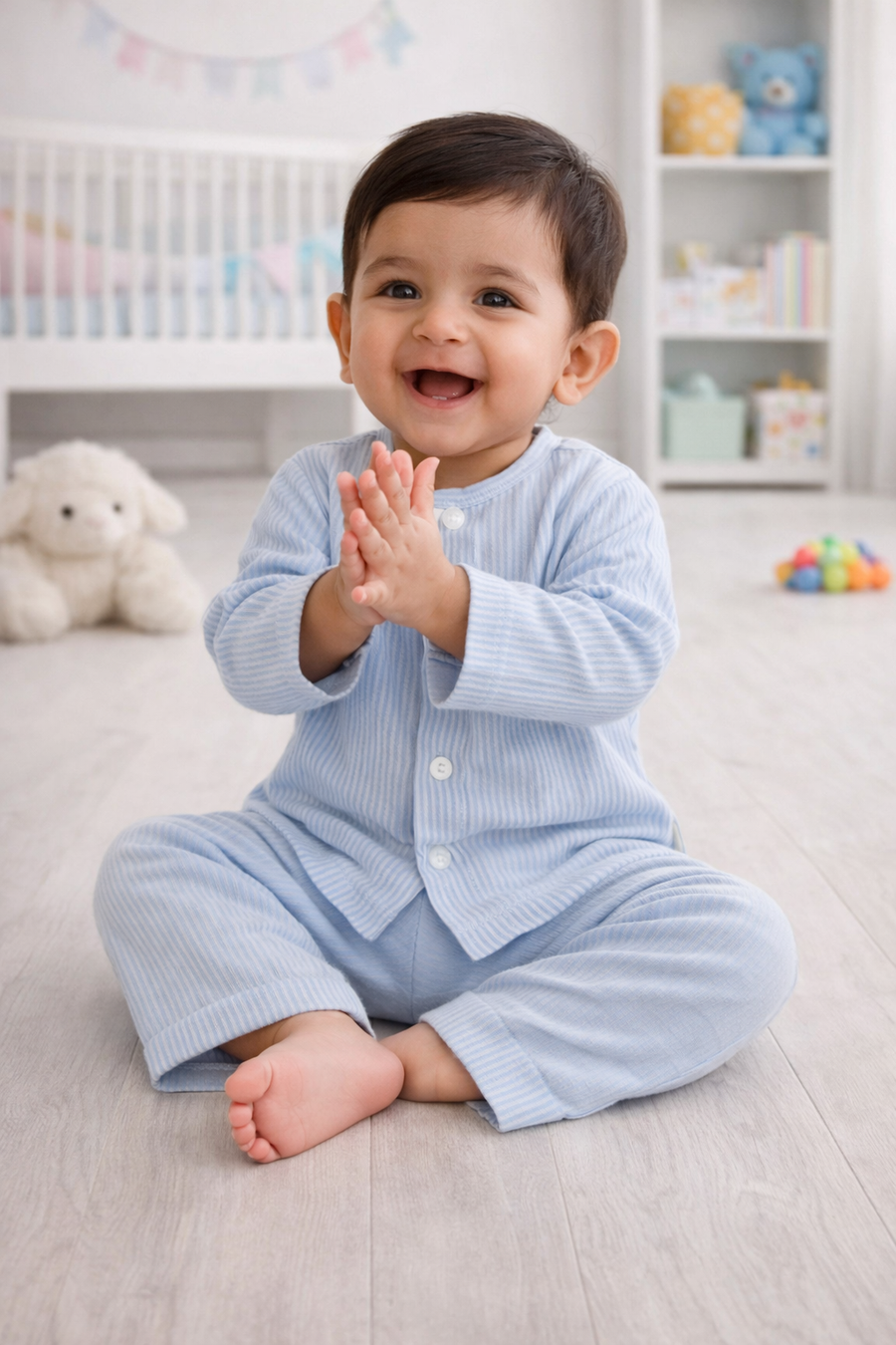 Soft Blue Stripes | 90 GSM Checkered Muslin Fabric Set for New Born to 6 Years