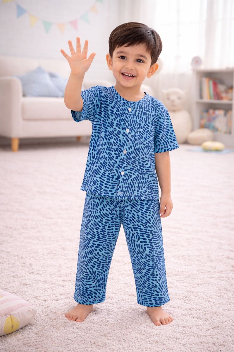 Blue Swirl |Half Sleeves| Checkered Muslin|  Soft Unisex Muslin Set for New Born to 6 Years