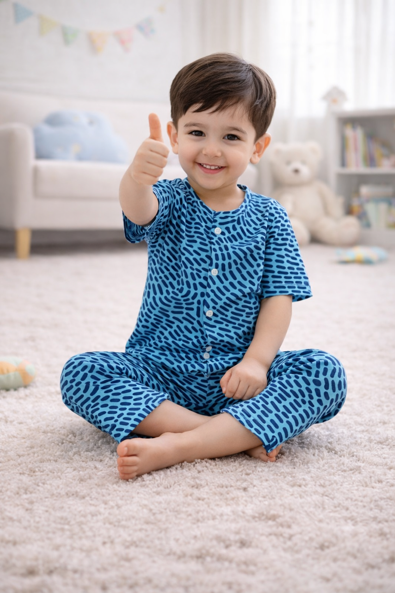 Blue Swirl |Half Sleeves| Checkered Muslin|  Soft Unisex Muslin Set for New Born to 6 Years