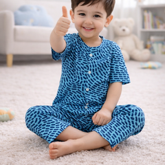 Blue Swirl |Half Sleeves| Checkered Muslin|  Soft Unisex Muslin Set for New Born to 6 Years