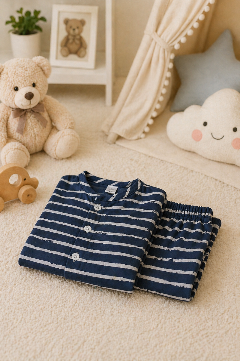Navy Stripes |Half Sleeves|Checkered Muslin| Soft Unisex Muslin Set for New Born to 6 Years