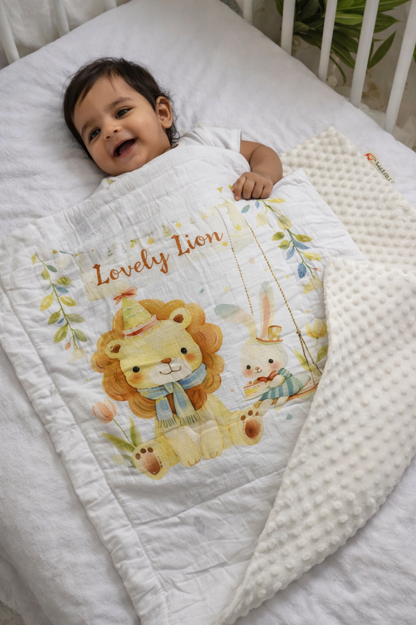 Muslin and Mink Plush Baby Blanket | Cute Blankets for 0 to 2 Yrs | Reversible with Plush Minky Dot Fabric - Lion