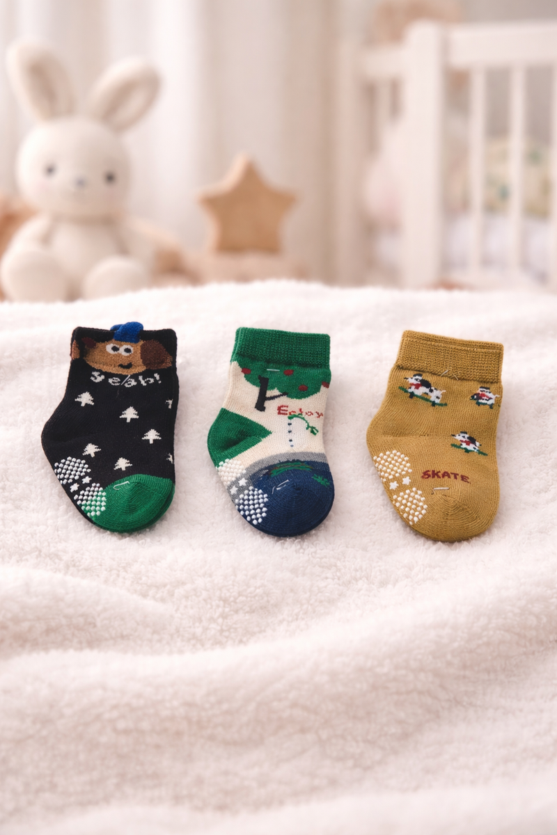 Kradyl Kroft Set of 3 Premium New Born Baby Socks with Foot Grip (1 to 3 Yrs) - Style 4